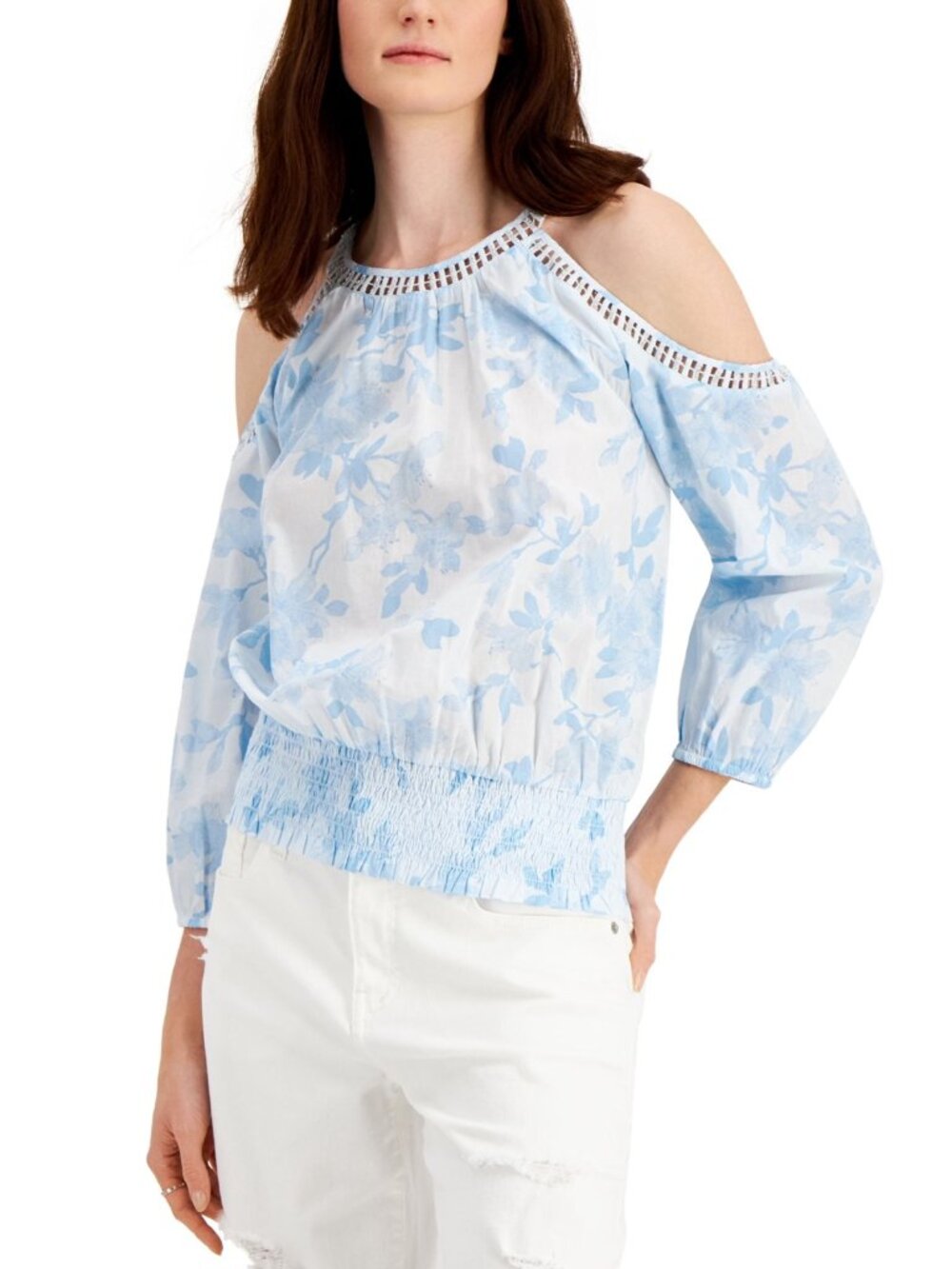 Women's INC Jolene Blue Floral Cold Shoulder Top Size L is NWT